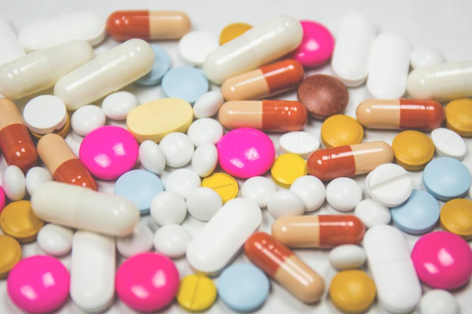 Assorted tablets and capsules in the clinic pharmacy